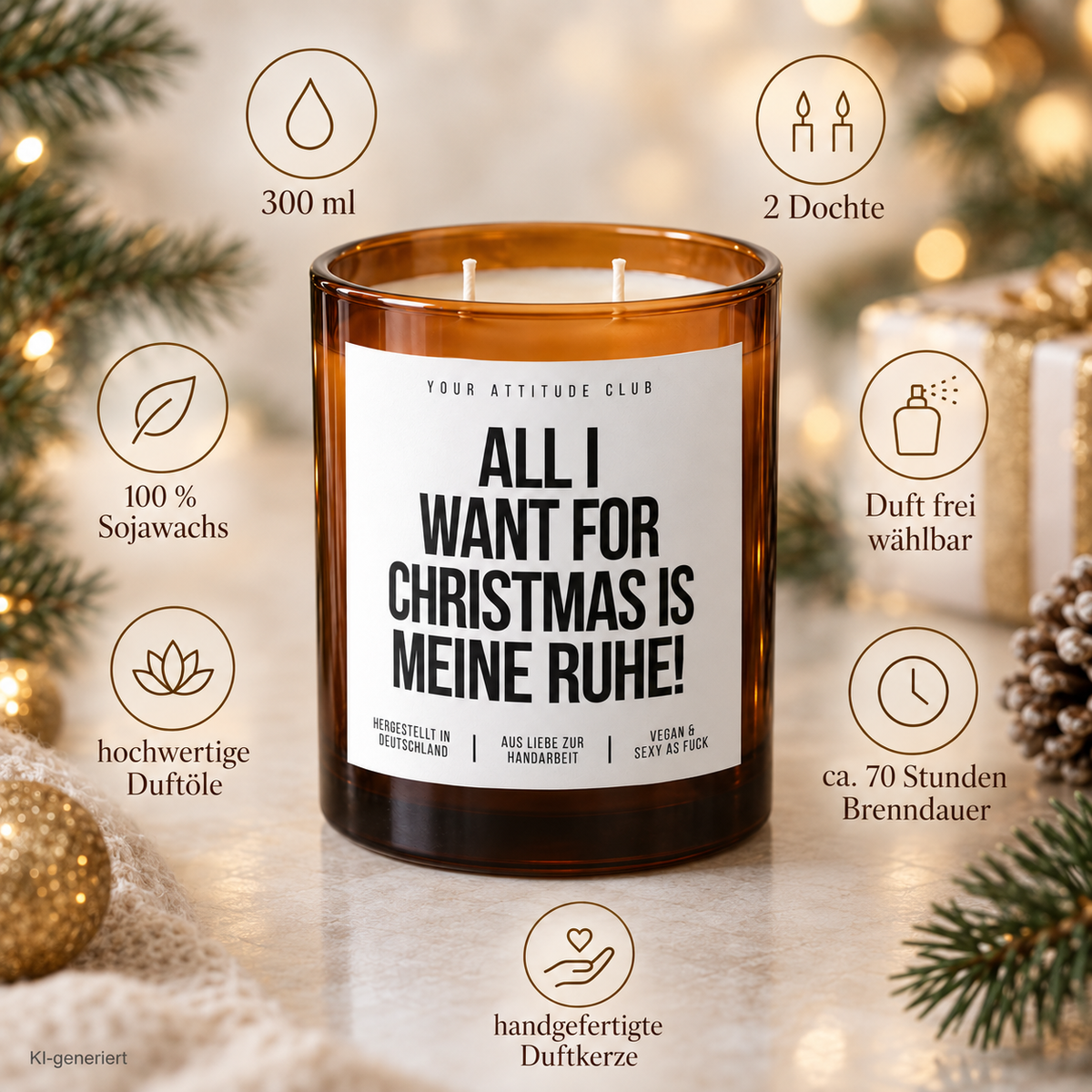 ALL I WANT FOR CHRISTMAS IS MEINE RUHE! – Weihnachtskerze | Lustiges Weihnachtsgeschenk | Geschenk für Freunde, Familie, Kollegen & Nachbarn