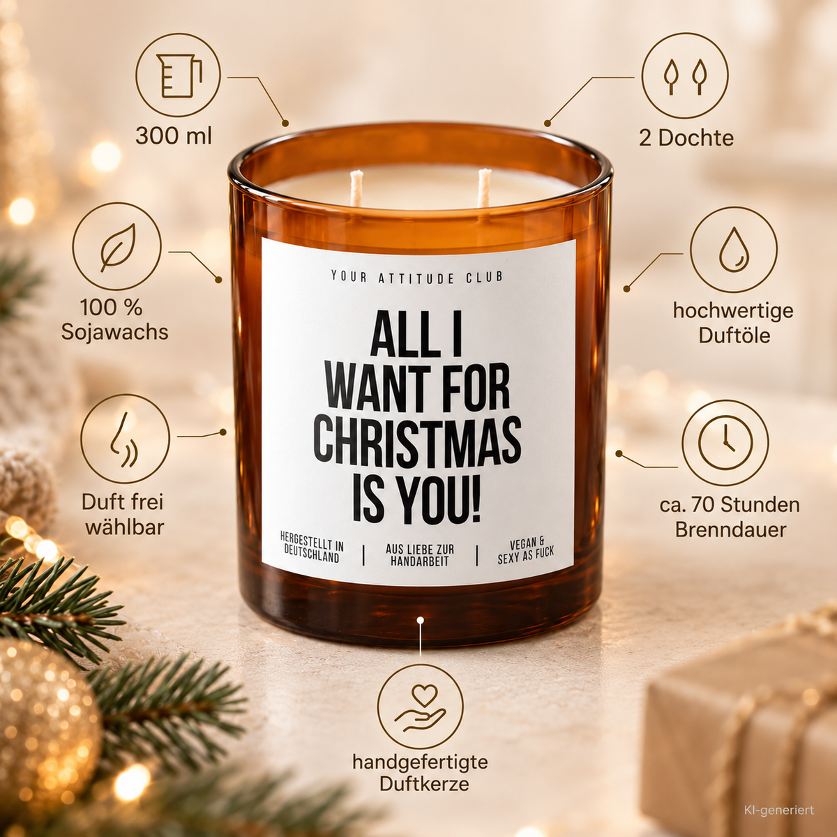 ALL I WANT FOR CHRISTMAS IS YOU! – Weihnachtskerze Naturgras Etikett | Weihnachtsgeschenk | Geschenk für Partner, Freundin & Freund | Geschenkidee Weihnachten