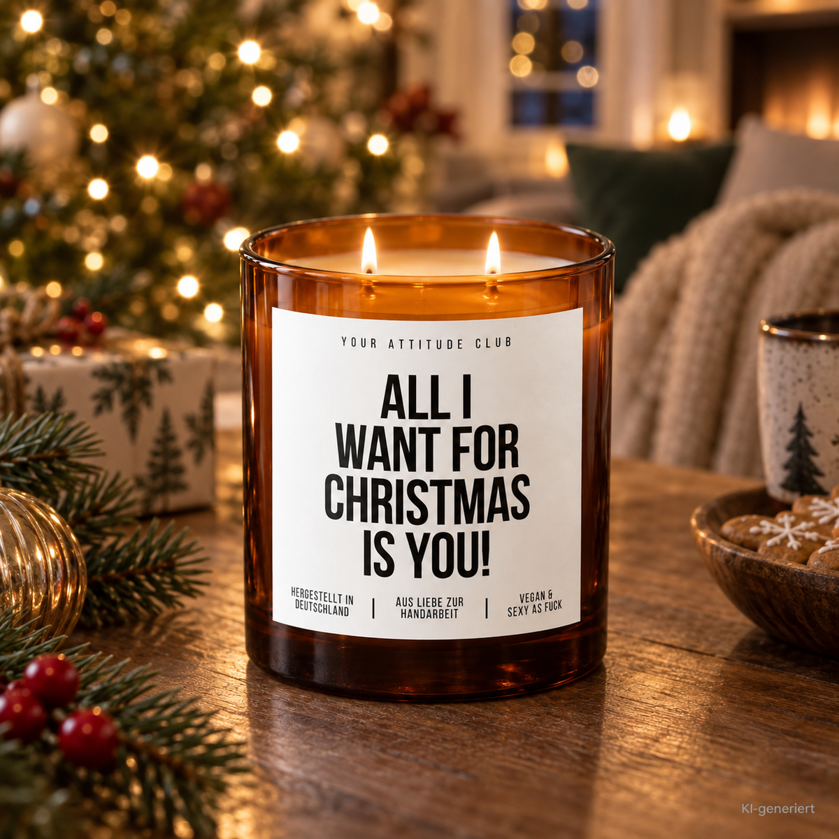 ALL I WANT FOR CHRISTMAS IS YOU! – Weihnachtskerze Naturgras Etikett | Weihnachtsgeschenk | Geschenk für Partner, Freundin & Freund | Geschenkidee Weihnachten
