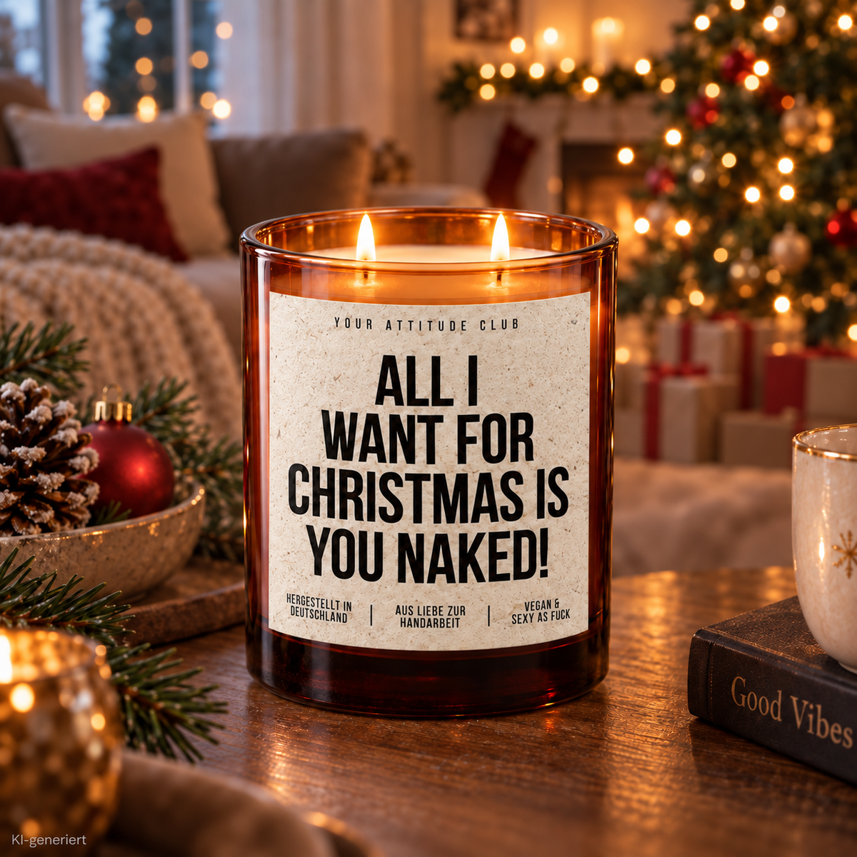 ALL I WANT FOR CHRISTMAS IS YOU NAKED! – Weihnachtskerze Naturgras Etikett | Weihnachtsgeschenk | Geschenk für Partner, Freundin & Freund | Geschenkidee