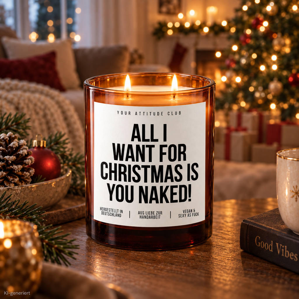 ALL I WANT FOR CHRISTMAS IS YOU NAKED! – Weihnachtskerze Naturgras Etikett | Weihnachtsgeschenk | Geschenk für Partner, Freundin & Freund | Geschenkidee