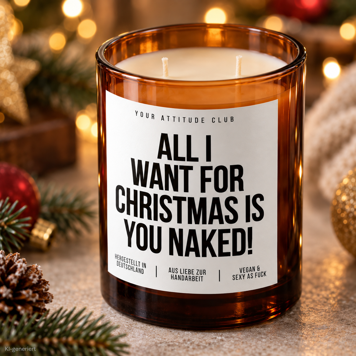 ALL I WANT FOR CHRISTMAS IS YOU NAKED! – Weihnachtskerze Naturgras Etikett | Weihnachtsgeschenk | Geschenk für Partner, Freundin & Freund | Geschenkidee
