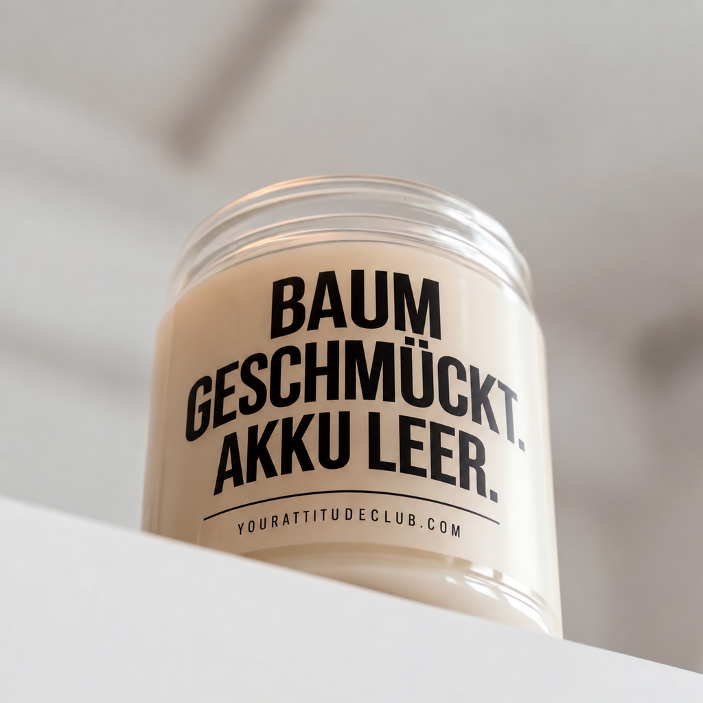 BAUM GESCHMÜCKT. AKKU LEER. | Weihnachtskerze, lustiges Weihnachtsgeschenk, Geschenk für Mama, Papa, Freundin, Kollegin, Wichtelgeschenk