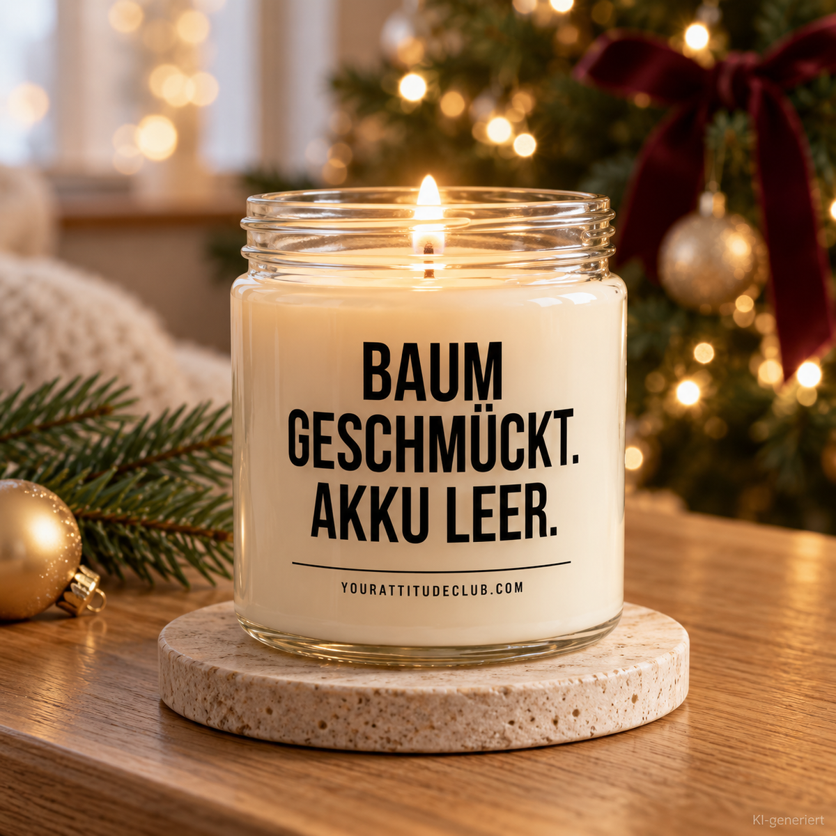 BAUM GESCHMÜCKT. AKKU LEER. | Weihnachtskerze, lustiges Weihnachtsgeschenk, Geschenk für Mama, Papa, Freundin, Kollegin, Wichtelgeschenk
