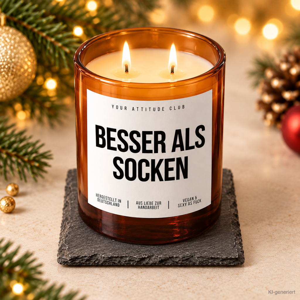 BESSER ALS SOCKEN – Weihnachtskerze Naturgras Etikett | Weihnachtsgeschenk | Geschenk für Familie, Freunde & Kollegen | Geschenkidee Weihnachten
