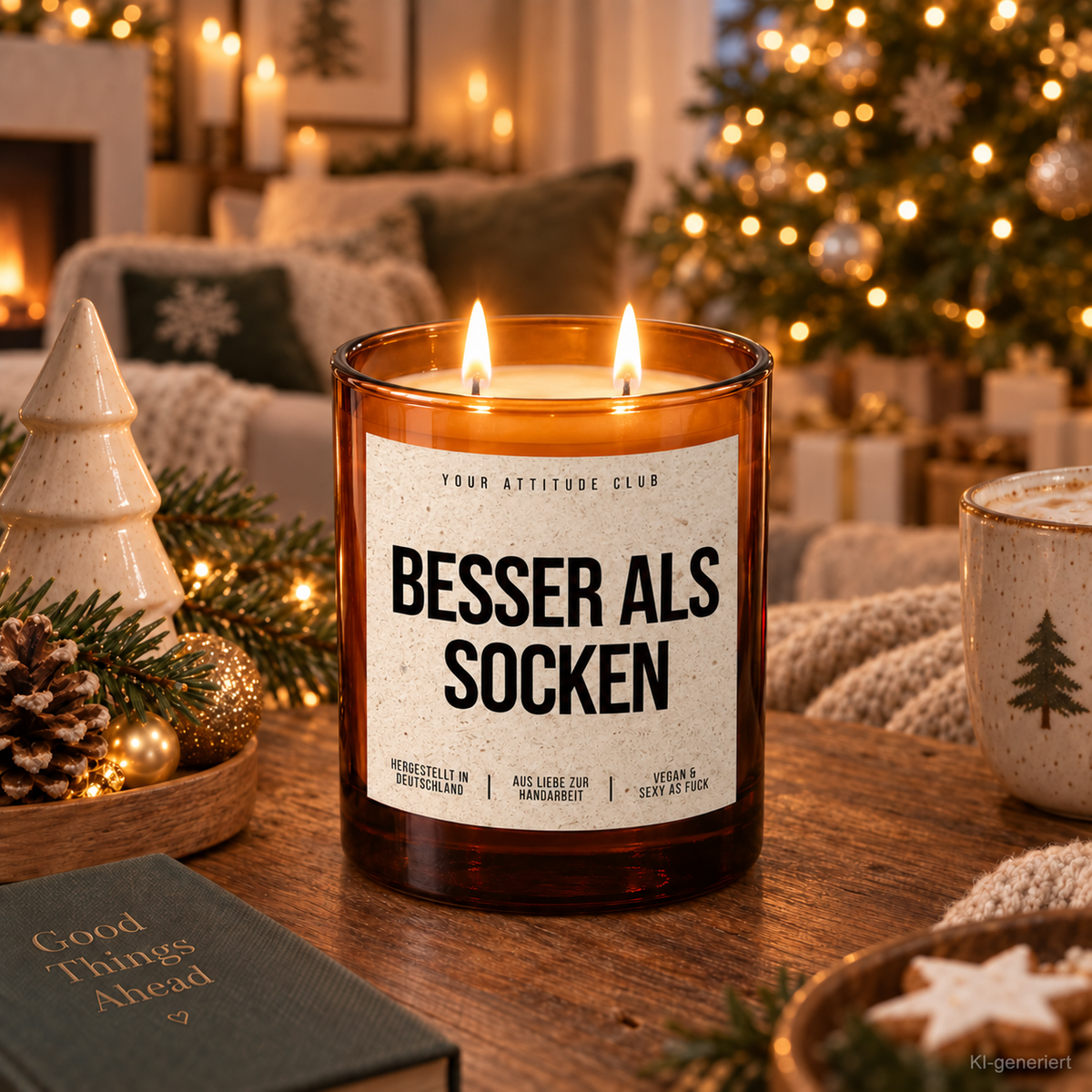 BESSER ALS SOCKEN – Weihnachtskerze Naturgras Etikett | Weihnachtsgeschenk | Geschenk für Familie, Freunde & Kollegen | Geschenkidee Weihnachten