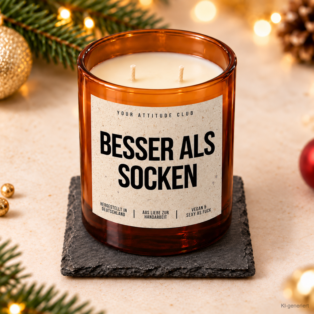 BESSER ALS SOCKEN – Weihnachtskerze Naturgras Etikett | Weihnachtsgeschenk | Geschenk für Familie, Freunde & Kollegen | Geschenkidee Weihnachten