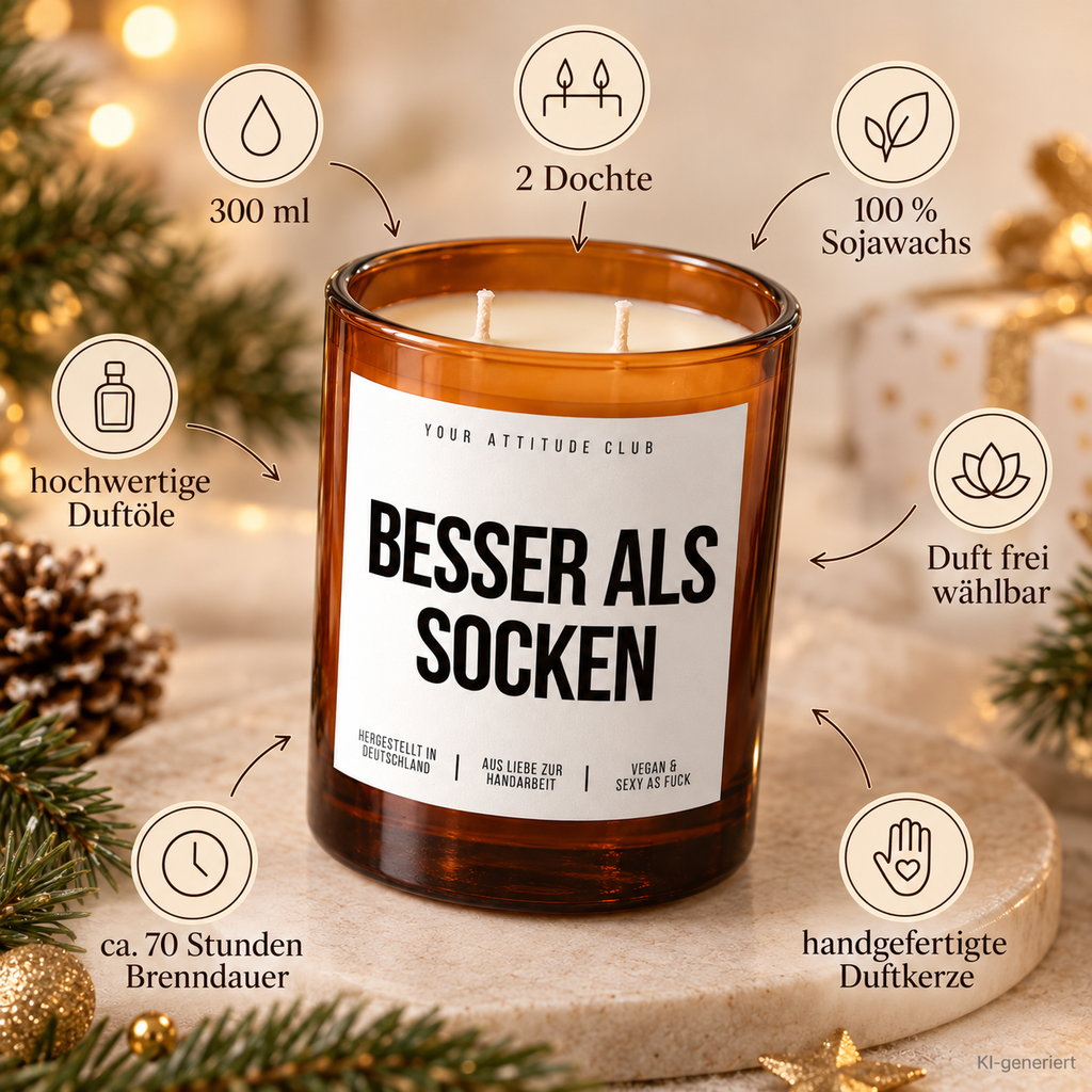 BESSER ALS SOCKEN – Weihnachtskerze Naturgras Etikett | Weihnachtsgeschenk | Geschenk für Familie, Freunde & Kollegen | Geschenkidee Weihnachten
