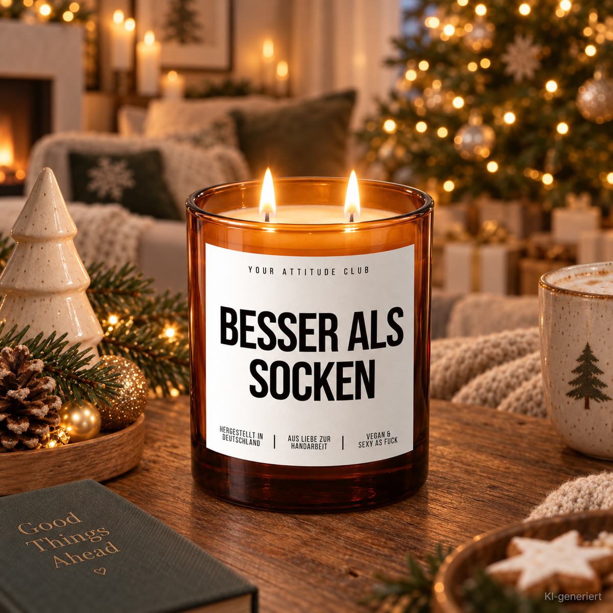 BESSER ALS SOCKEN – Weihnachtskerze Naturgras Etikett | Weihnachtsgeschenk | Geschenk für Familie, Freunde & Kollegen | Geschenkidee Weihnachten