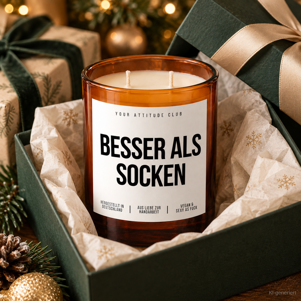 BESSER ALS SOCKEN – Weihnachtskerze Naturgras Etikett | Weihnachtsgeschenk | Geschenk für Familie, Freunde & Kollegen | Geschenkidee Weihnachten