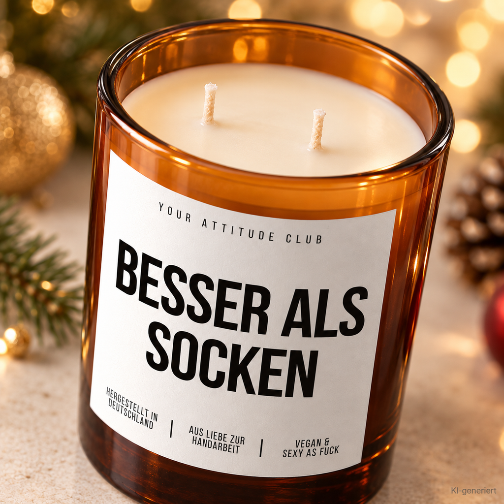 BESSER ALS SOCKEN – Weihnachtskerze Naturgras Etikett | Weihnachtsgeschenk | Geschenk für Familie, Freunde & Kollegen | Geschenkidee Weihnachten