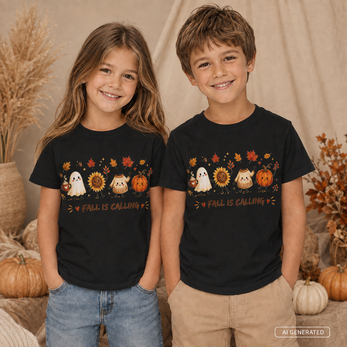 FALL IS CALLING Kinder T-Shirt – Herbst Shirt mit Geist, Kürbis & Sonnenblume, Halloween Kinder Shirt, Herbst Outfit für Mädchen & Jungen