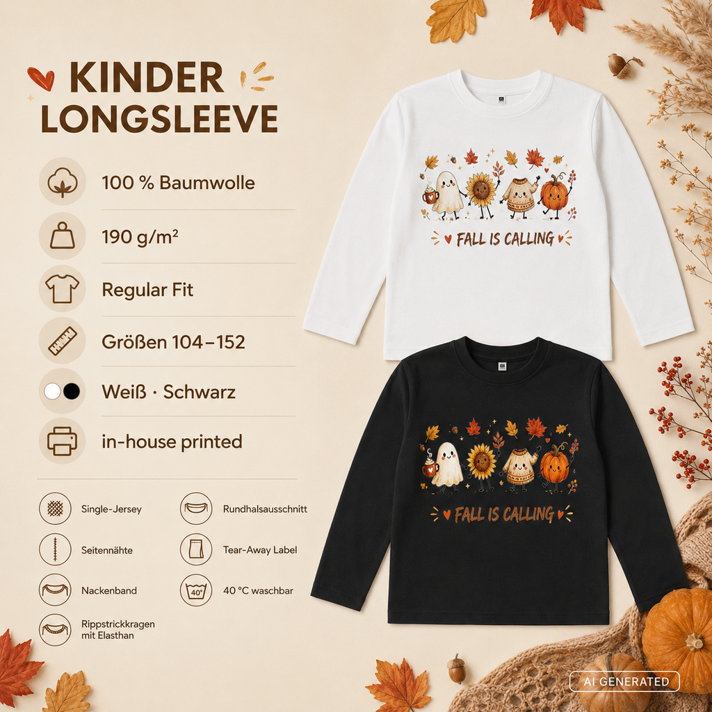 FALL IS CALLING Kinder Longsleeve – Herbst Langarmshirt mit Geist, Kürbis & Sonnenblume, Halloween Shirt für Mädchen & Jungen