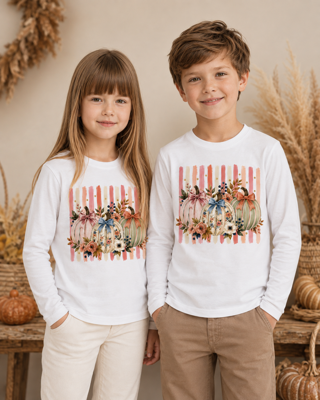 Florale Kürbisse mit Schleifen Kinder Longsleeve – Herbst Langarmshirt mit Blumen, Pumpkin Shirt für Mädchen & Jungen