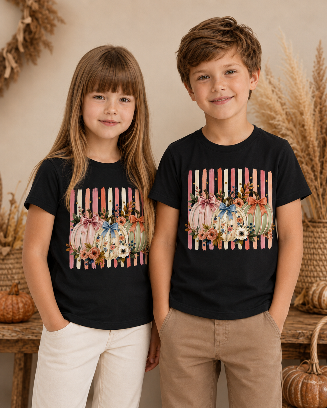 Florale Kürbisse mit Schleifen Kinder Longsleeve – Herbst Langarmshirt mit Blumen, Pumpkin Shirt für Mädchen & Jungen