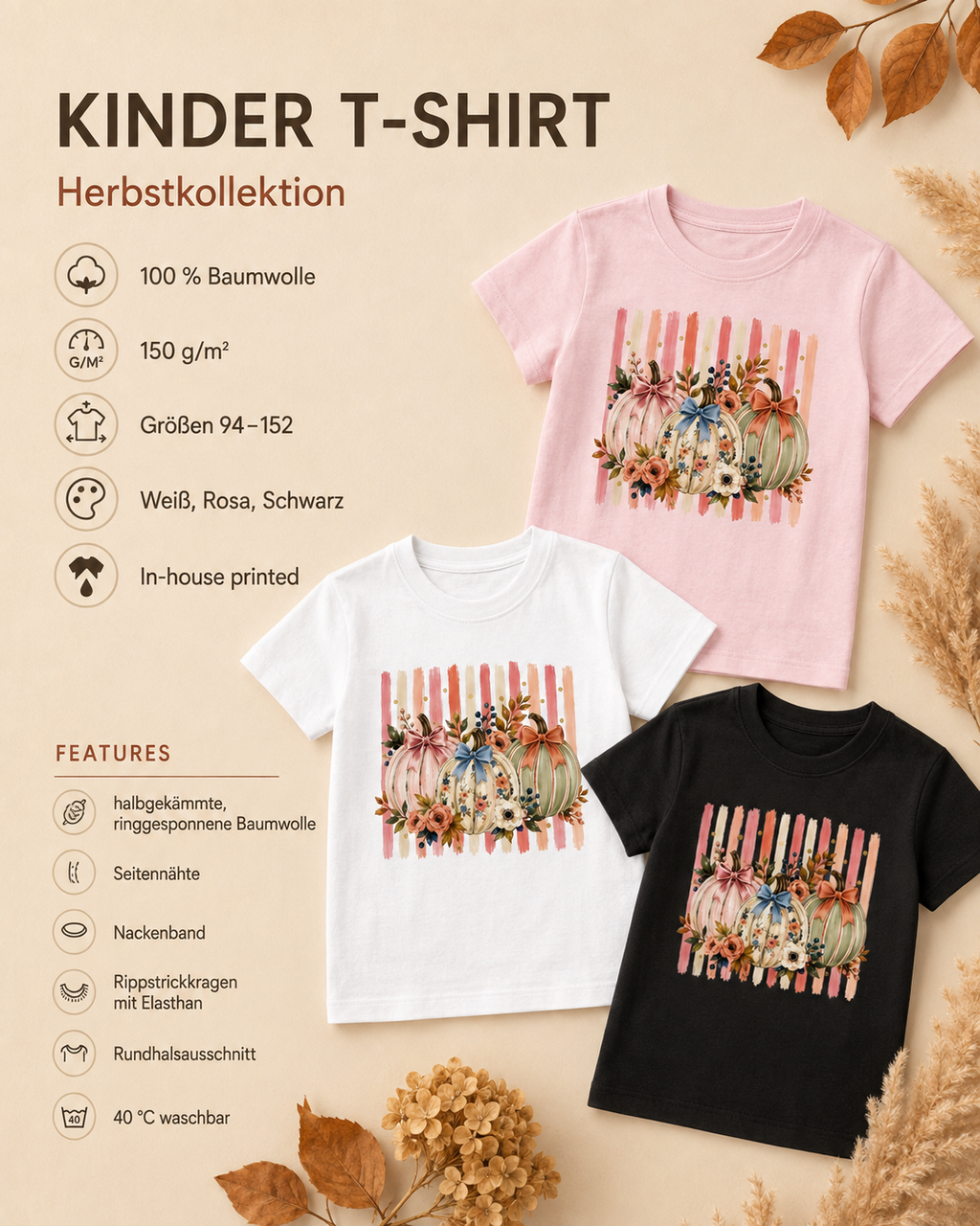 Florale Kürbisse mit Schleifen Kinder T-Shirt – Herbst Shirt mit Blumen & Pumpkin Motiv, Kinder Herbst Outfit für Mädchen & Jungen