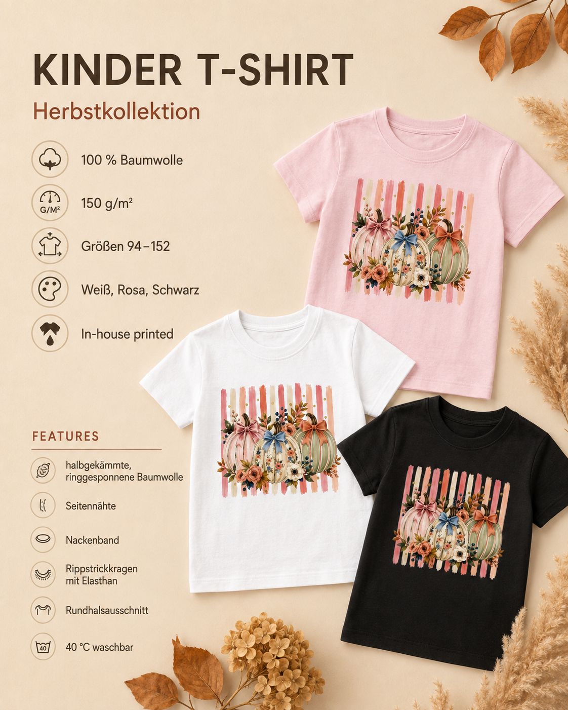 Florale Kürbisse mit Schleifen Kinder T-Shirt – Herbst Shirt mit Blumen & Pumpkin Motiv, Kinder Herbst Outfit für Mädchen & Jungen