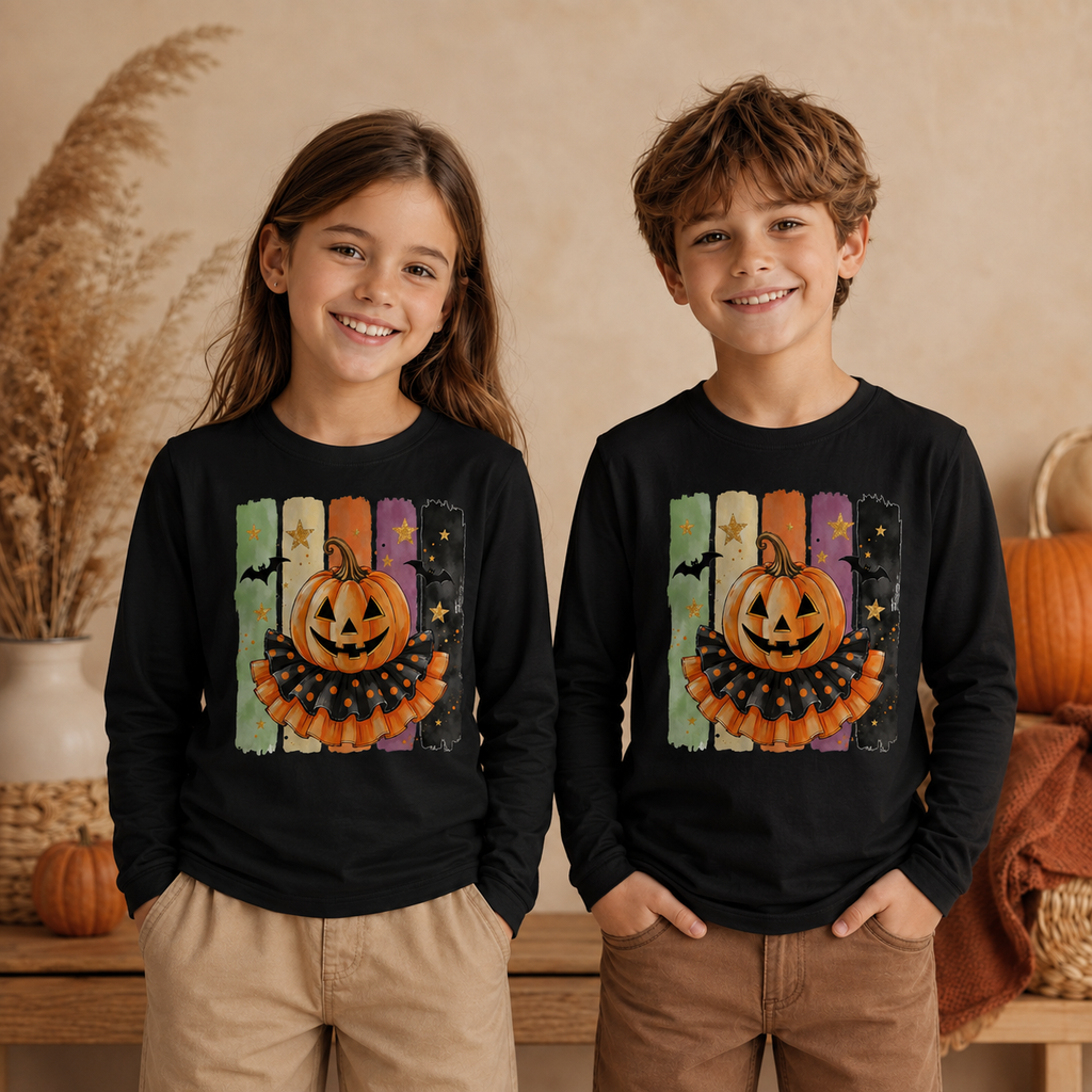 Halloween Kürbis Kinder Longsleeve – Jack O’Lantern Langarmshirt mit Fledermäusen, Herbst & Halloween Shirt für Mädchen und Jungen
