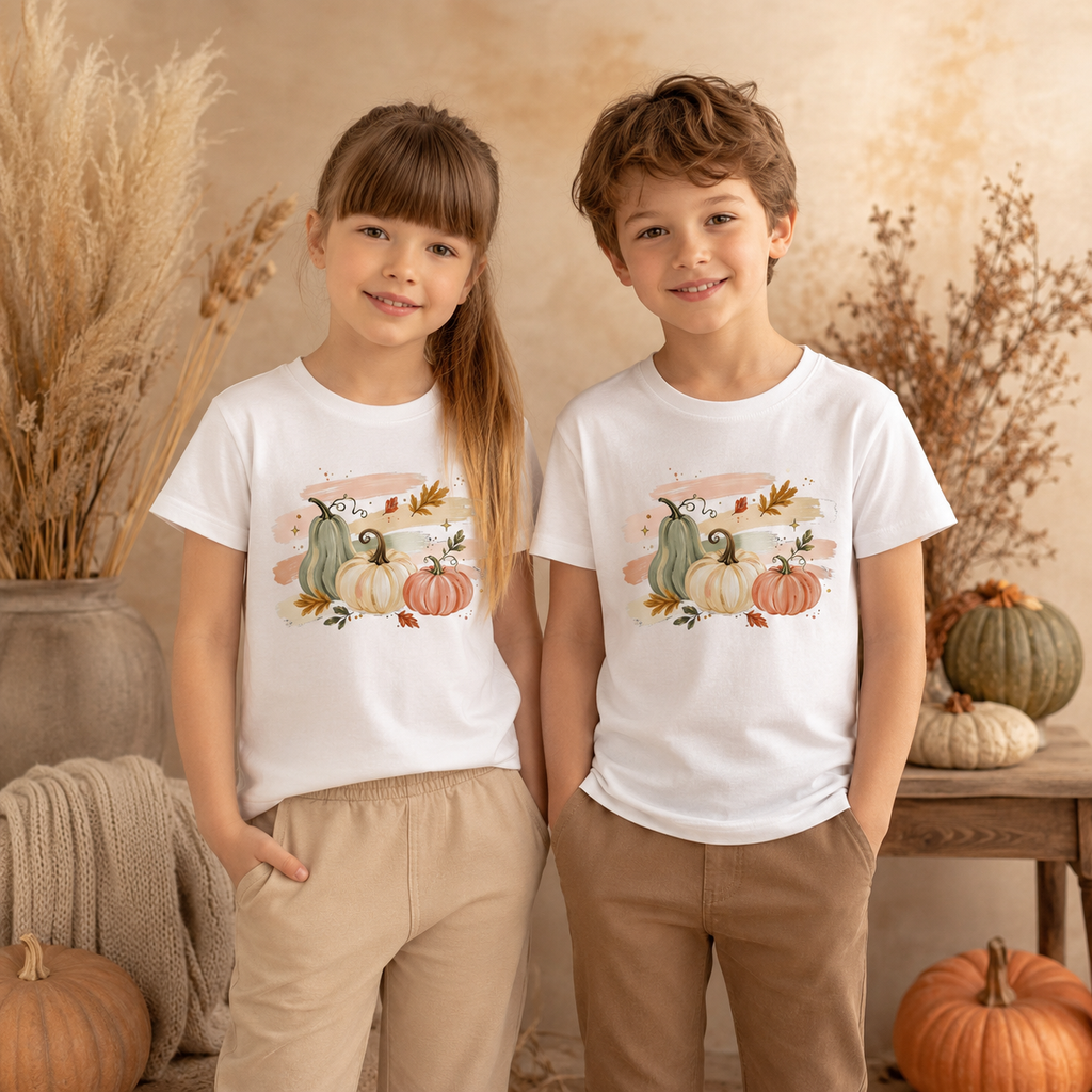 Pastell Kürbisse Kinder T-Shirt – Herbst Shirt mit Kürbis Motiv, Pumpkin Shirt für Mädchen & Jungen, Herbst Outfit Kinder