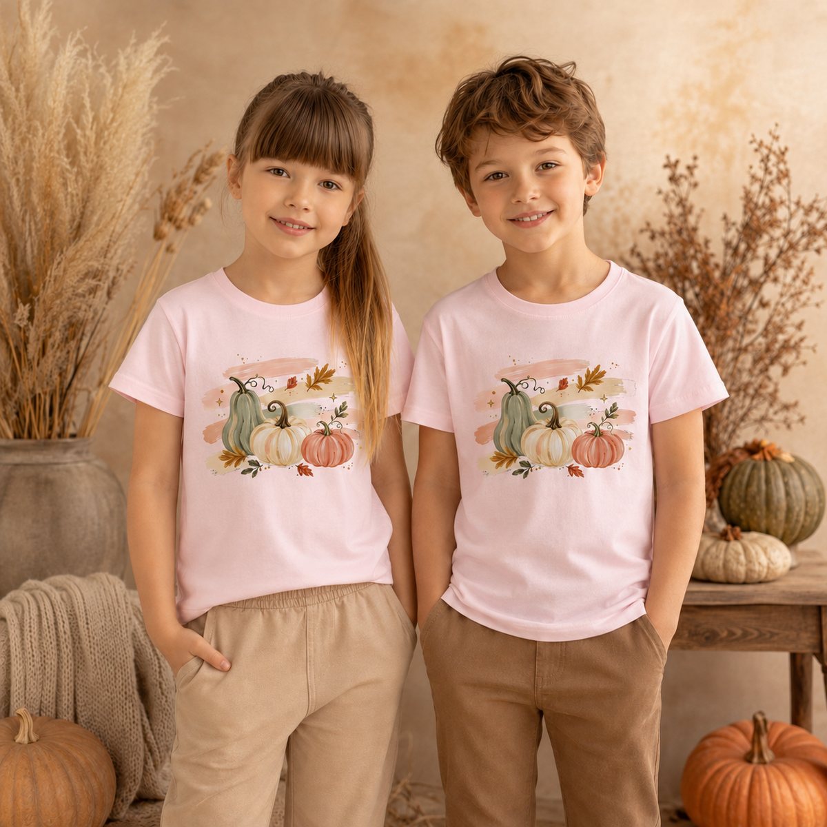 Pastell Kürbisse Kinder T-Shirt – Herbst Shirt mit Kürbis Motiv, Pumpkin Shirt für Mädchen & Jungen, Herbst Outfit Kinder