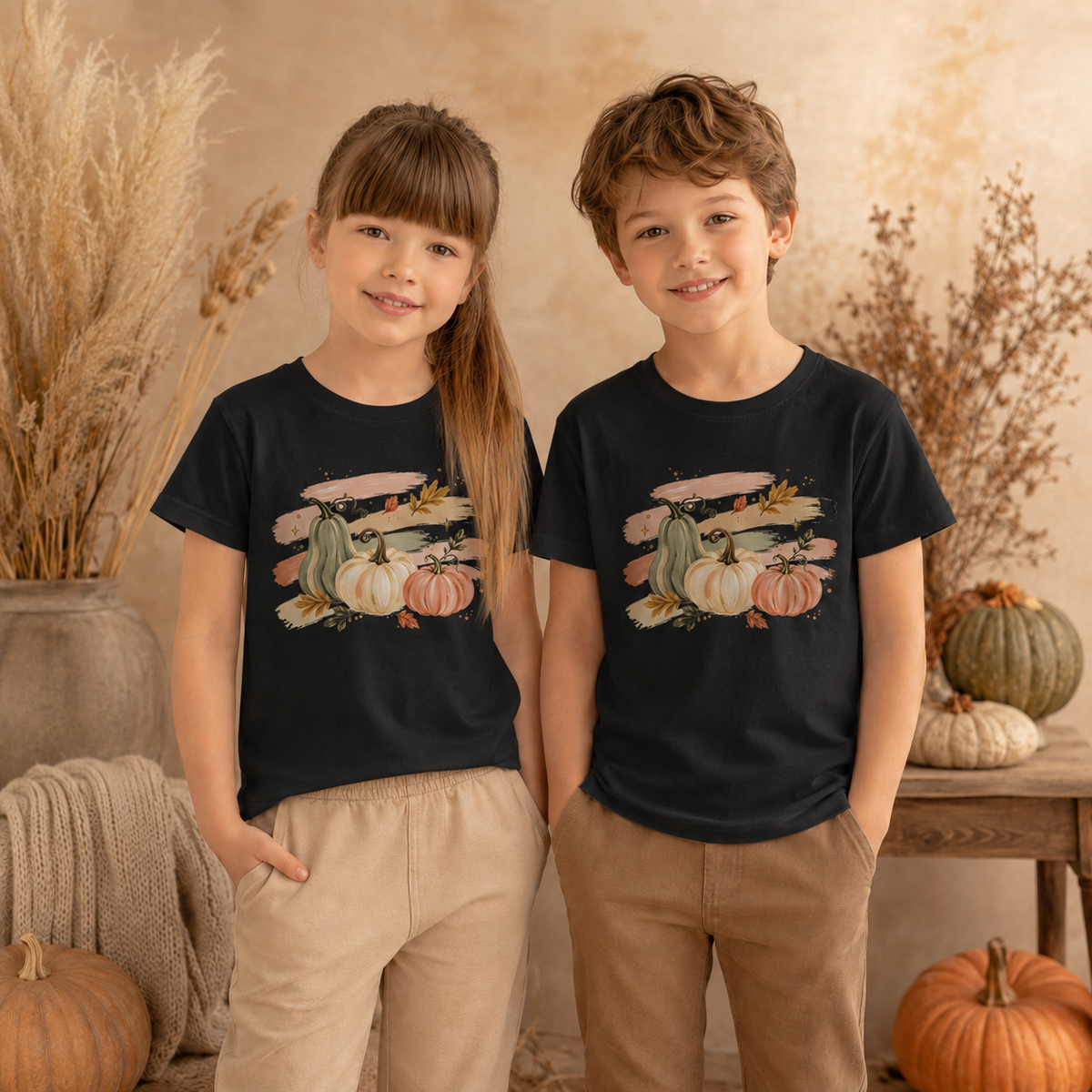Pastell Kürbisse Kinder T-Shirt – Herbst Shirt mit Kürbis Motiv, Pumpkin Shirt für Mädchen & Jungen, Herbst Outfit Kinder