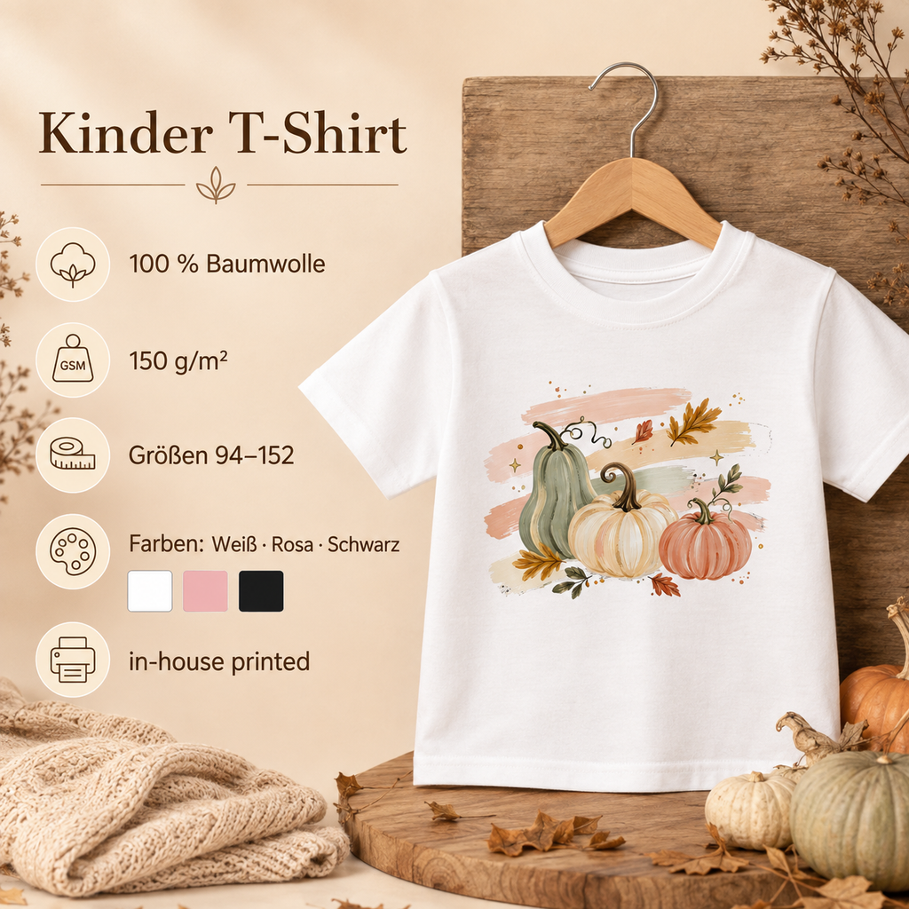 Pastell Kürbisse Kinder T-Shirt – Herbst Shirt mit Kürbis Motiv, Pumpkin Shirt für Mädchen & Jungen, Herbst Outfit Kinder