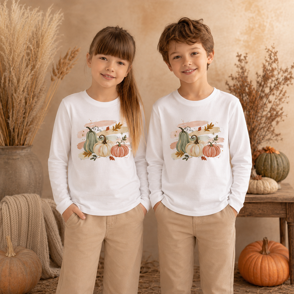 Pastell Kürbisse Kinder Longsleeve – Herbst Langarmshirt mit Kürbis Motiv, Pumpkin Shirt für Mädchen & Jungen, Herbst Outfit Kinder