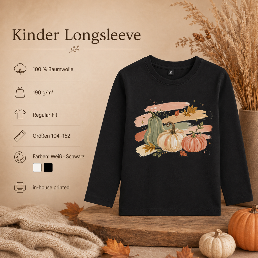Pastell Kürbisse Kinder Longsleeve – Herbst Langarmshirt mit Kürbis Motiv, Pumpkin Shirt für Mädchen & Jungen, Herbst Outfit Kinder
