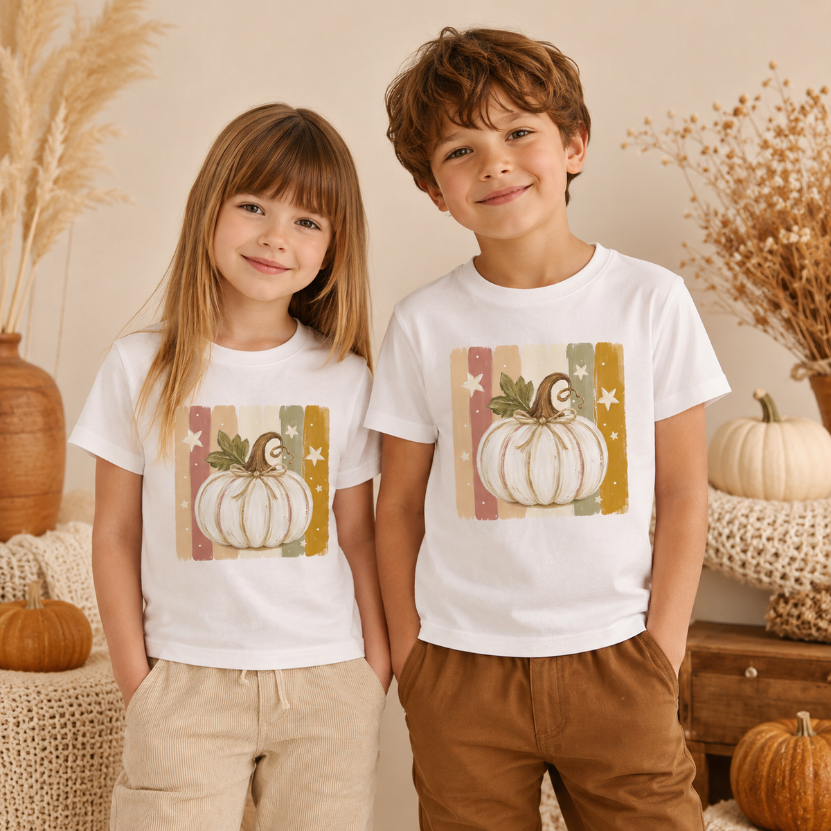 Weißer Kürbis mit Sternen Kinder T-Shirt – Herbst Shirt mit Pumpkin Motiv, Kinder Herbst Outfit, Kürbis Shirt für Mädchen & Jungen