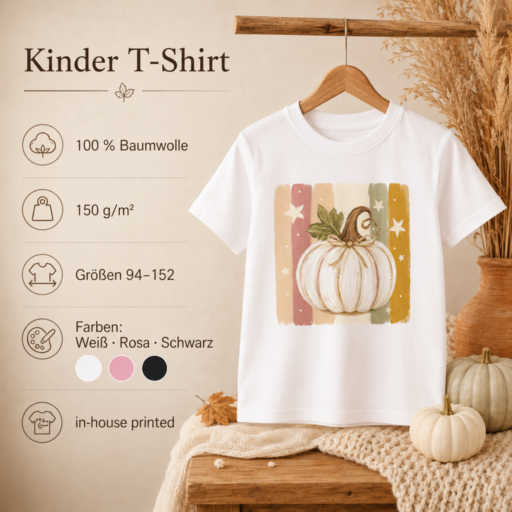 Weißer Kürbis mit Sternen Kinder T-Shirt – Herbst Shirt mit Pumpkin Motiv, Kinder Herbst Outfit, Kürbis Shirt für Mädchen & Jungen