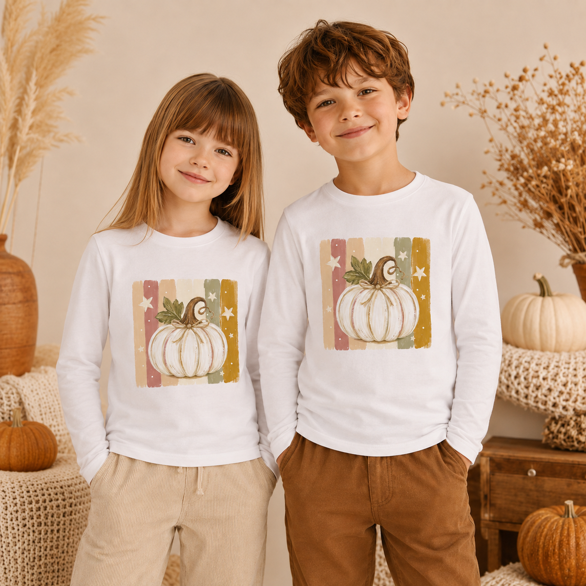 Weißer Kürbis mit Sternen Kinder Longsleeve – Herbst Langarmshirt mit Pumpkin Motiv, Herbst Shirt für Mädchen & Jungen