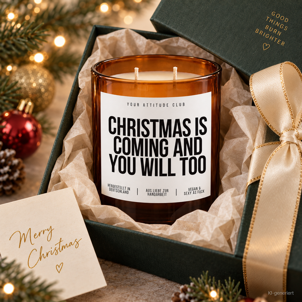 CHRISTMAS IS COMING AND YOU WILL TOO – Weihnachtskerze Naturgras Etikett | Weihnachtsgeschenk | Geschenk für Partner & Freunde | Geschenkidee Weihnachten