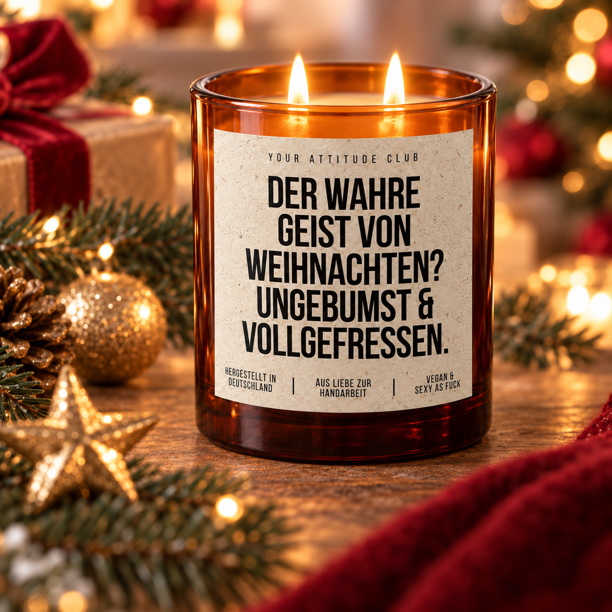 DER WAHRE GEIST VON WEIHNACHTEN? UNGEBUMST & VOLLGEFRESSEN. – Weihnachtskerze Naturgras Etikett | lustiges Weihnachtsgeschenk | Geschenkidee