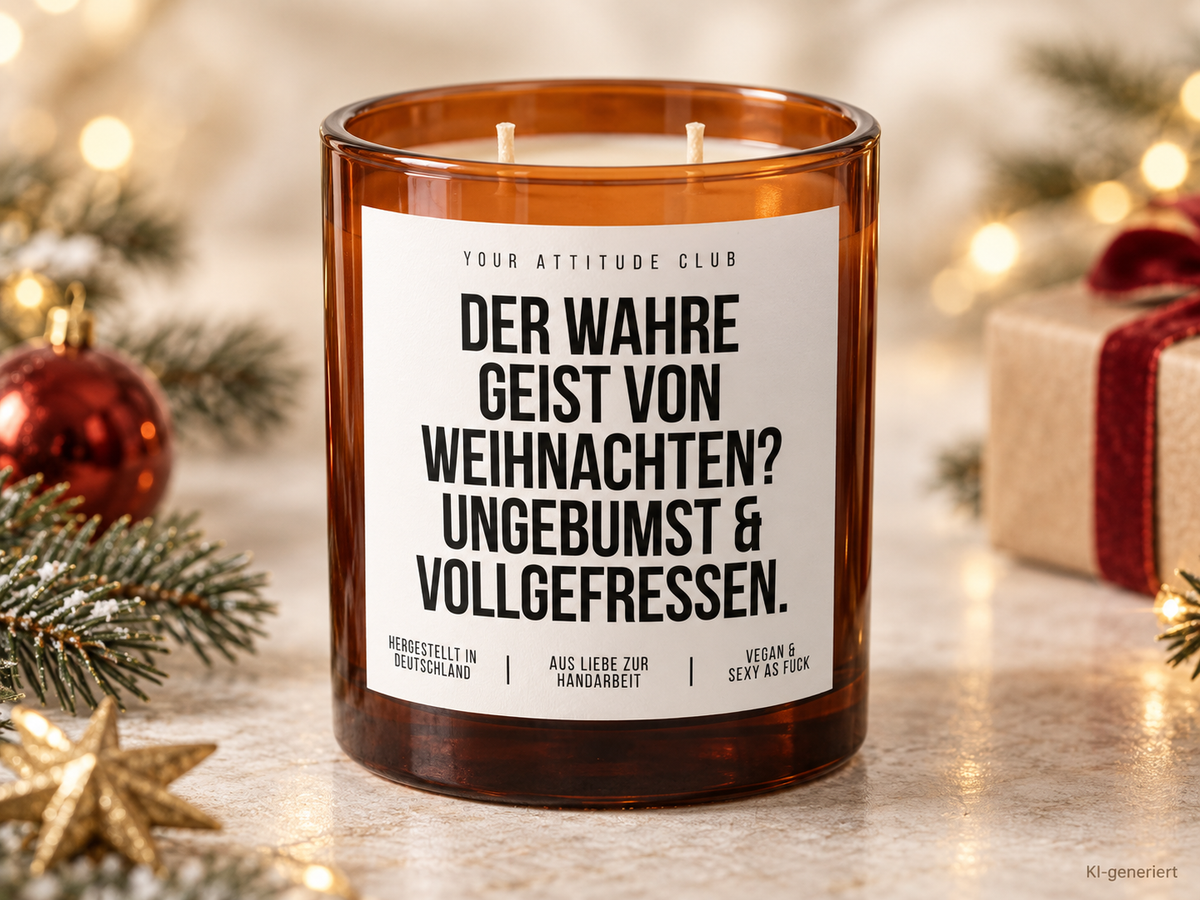 DER WAHRE GEIST VON WEIHNACHTEN? UNGEBUMST & VOLLGEFRESSEN. – Weihnachtskerze Naturgras Etikett | lustiges Weihnachtsgeschenk | Geschenkidee