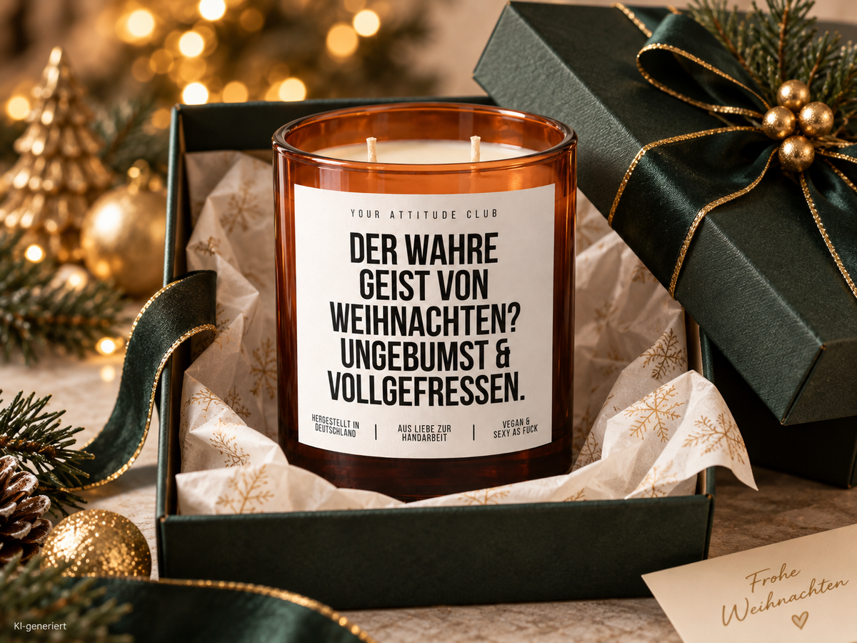 DER WAHRE GEIST VON WEIHNACHTEN? UNGEBUMST & VOLLGEFRESSEN. – Weihnachtskerze Naturgras Etikett | lustiges Weihnachtsgeschenk | Geschenkidee