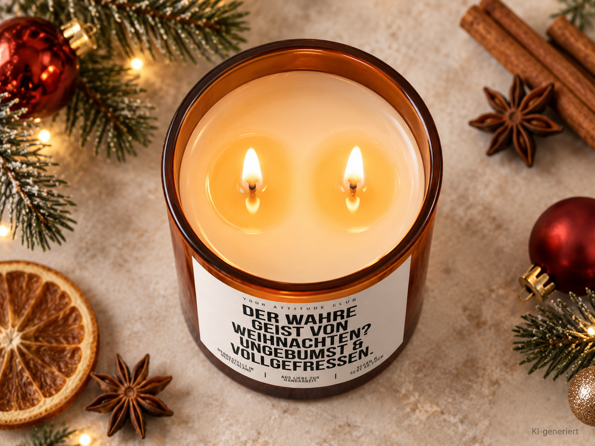 DER WAHRE GEIST VON WEIHNACHTEN? UNGEBUMST & VOLLGEFRESSEN. – Weihnachtskerze Naturgras Etikett | lustiges Weihnachtsgeschenk | Geschenkidee