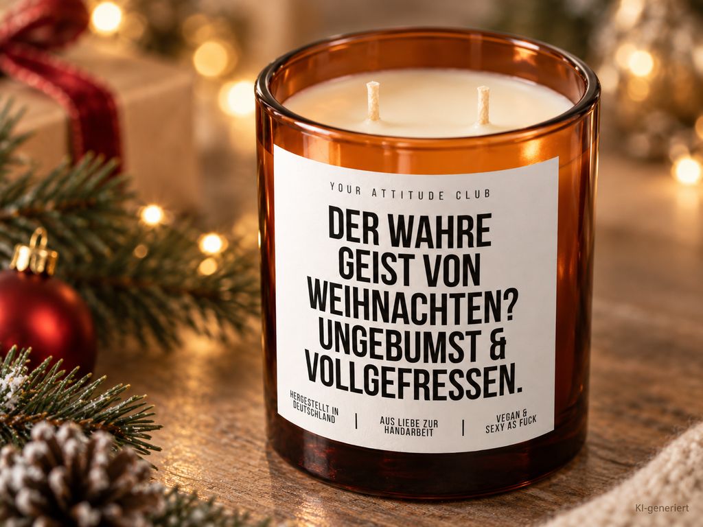 DER WAHRE GEIST VON WEIHNACHTEN? UNGEBUMST & VOLLGEFRESSEN. – Weihnachtskerze Naturgras Etikett | lustiges Weihnachtsgeschenk | Geschenkidee