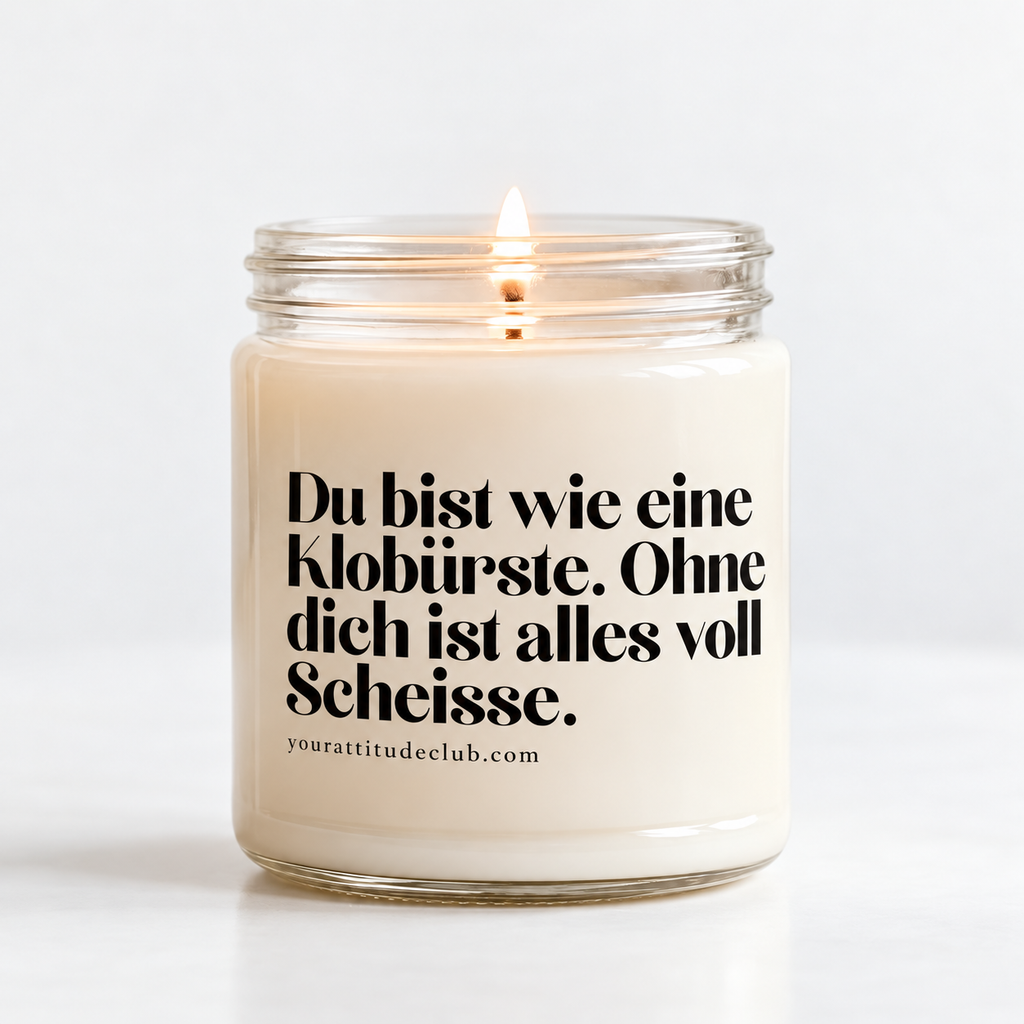 Du bist wie eine Klobürste. Ohne dich ist alles voll Scheisse – Lustige Kerze mit frechem Spruch, witziges Geschenk, Statement Duftkerze, Your Attitude Club