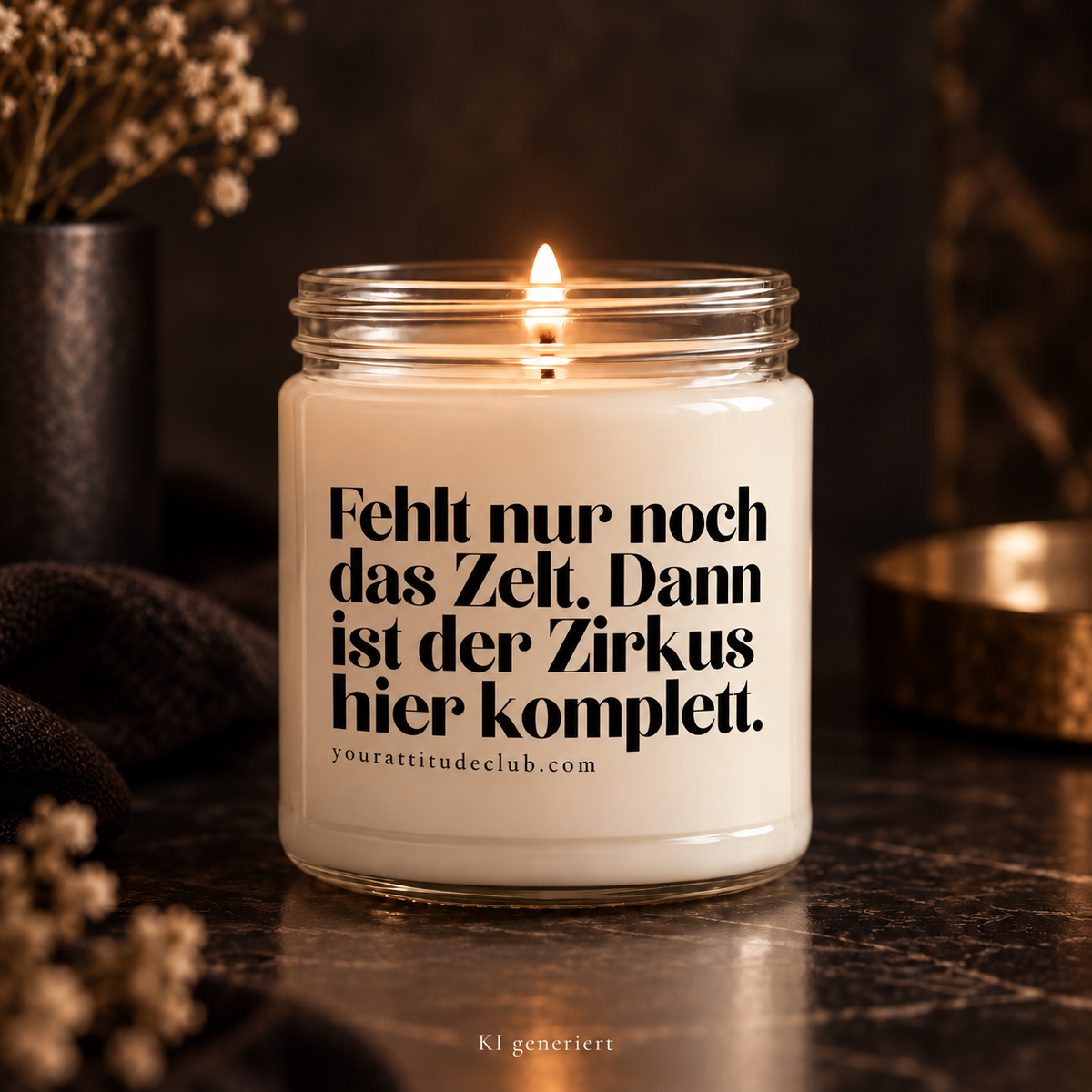 Fehlt nur noch das Zelt. Dann ist der Zirkus hier komplett – Lustige Sprüchekerze, witzige Duftkerze Geschenkidee Familie Freunde, Your Attitude Club