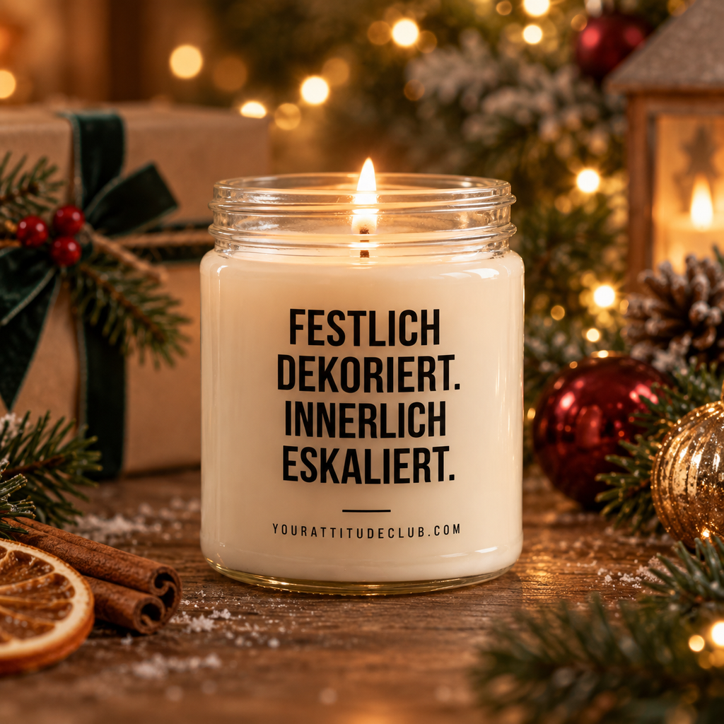 FESTLICH DEKORIERT. INNERLICH ESKALIERT. | Weihnachtskerze, lustiges Weihnachtsgeschenk für Mama, Freundin, Schwester, Wichtelgeschenk