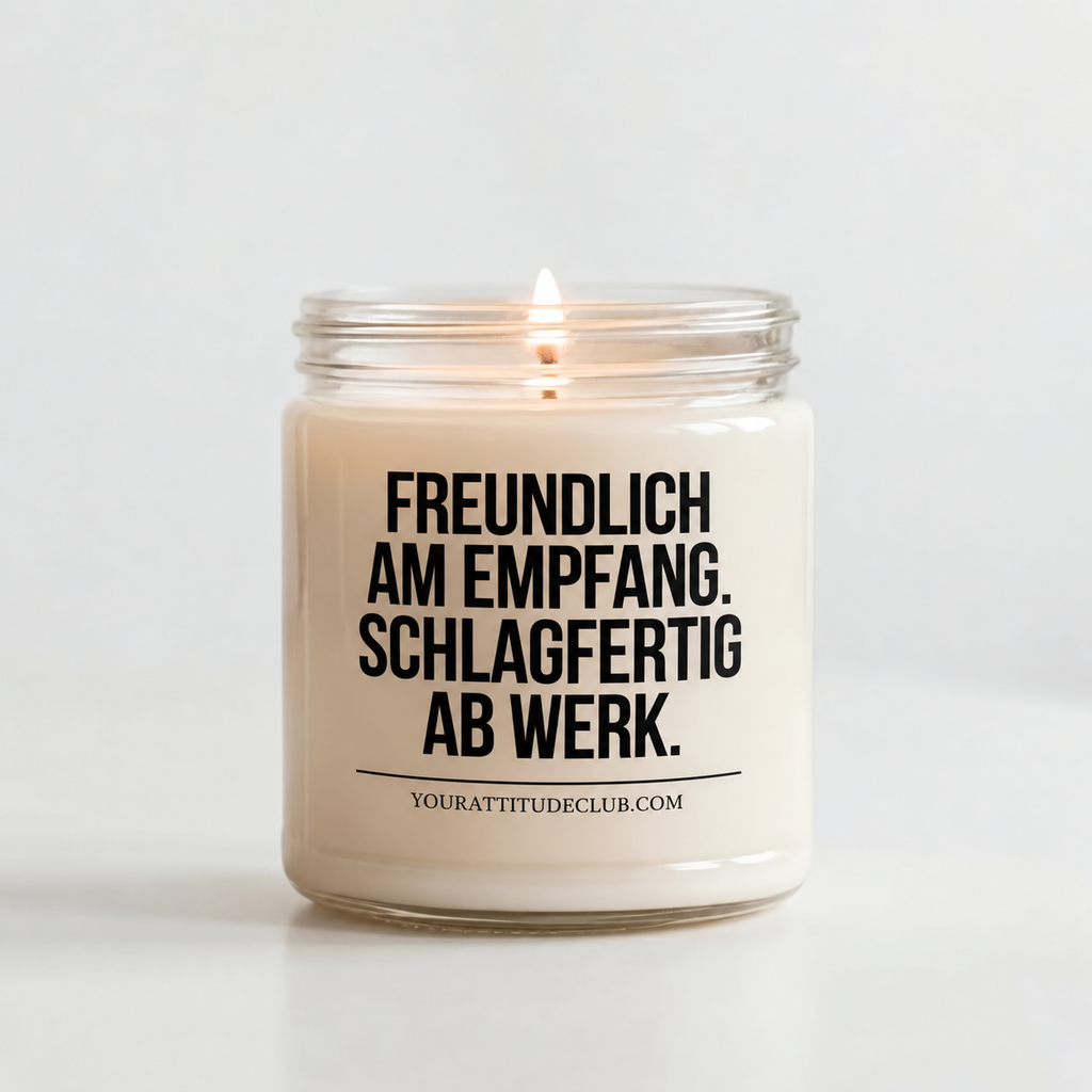 FREUNDLICH AM EMPFANG. SCHLAGFERTIG AB WERK. | Kerze MFA, Geschenk Medizinische Fachangestellte, Arztpraxis, Praxispersonal