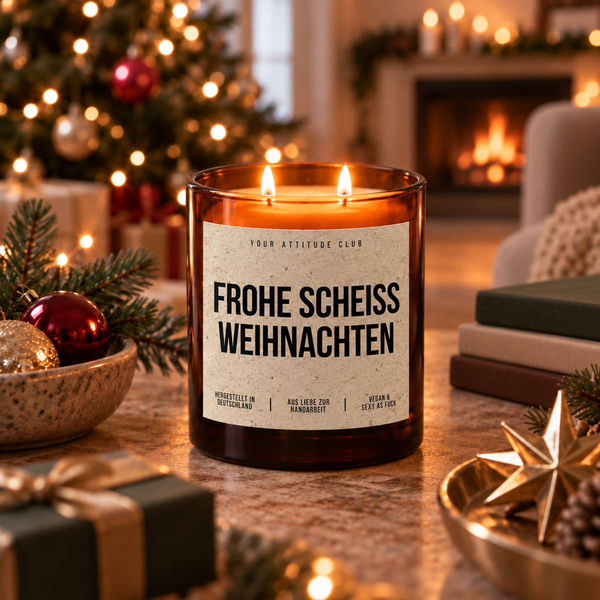 FROHE SCHEISS WEIHNACHTEN – Weihnachtskerze Naturgras Etikett | lustiges Weihnachtsgeschenk | Geschenk für Freunde, Kolleg:innen & Familie