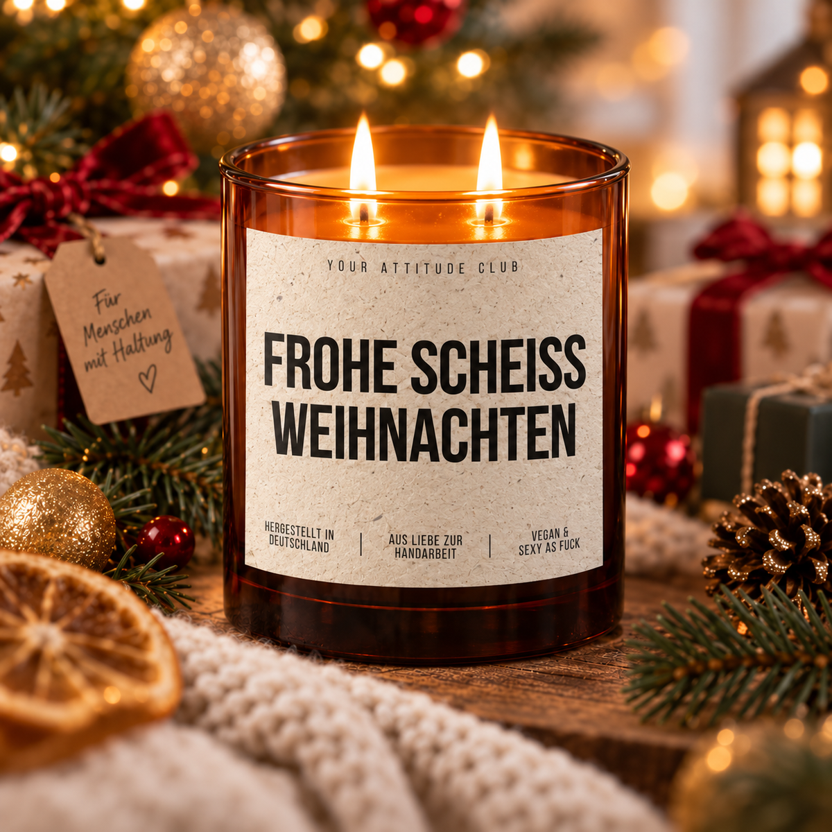 FROHE SCHEISS WEIHNACHTEN – Weihnachtskerze Naturgras Etikett | lustiges Weihnachtsgeschenk | Geschenk für Freunde, Kolleg:innen & Familie