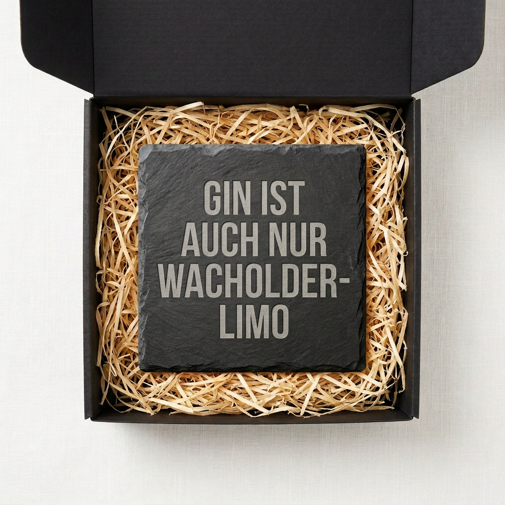 Gin ist auch nur Wacholder-Limo – Schiefer Untersetzer 10x10 cm, lustiges Geschenk für Gin Liebhaber, handgravierter Naturstein, Geschenkverpackung