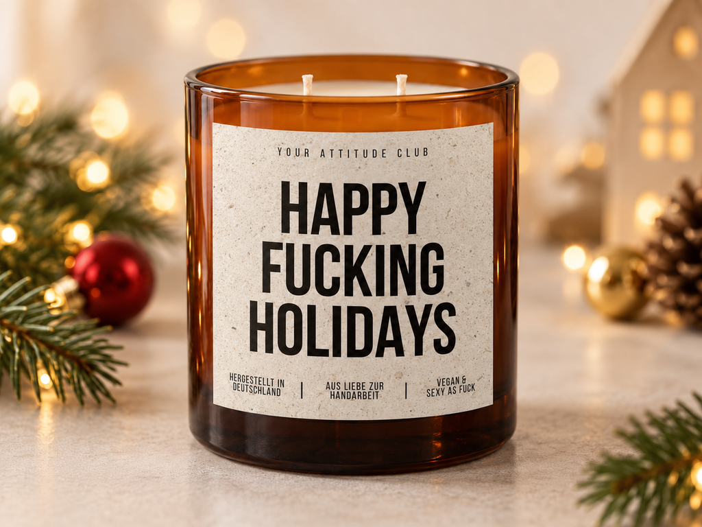 HAPPY FUCKING HOLIDAYS – Weihnachtskerze Naturgras Etikett | Lustiges Weihnachtsgeschenk | Geschenk für Freunde, Kolleg:innen & Wichteln