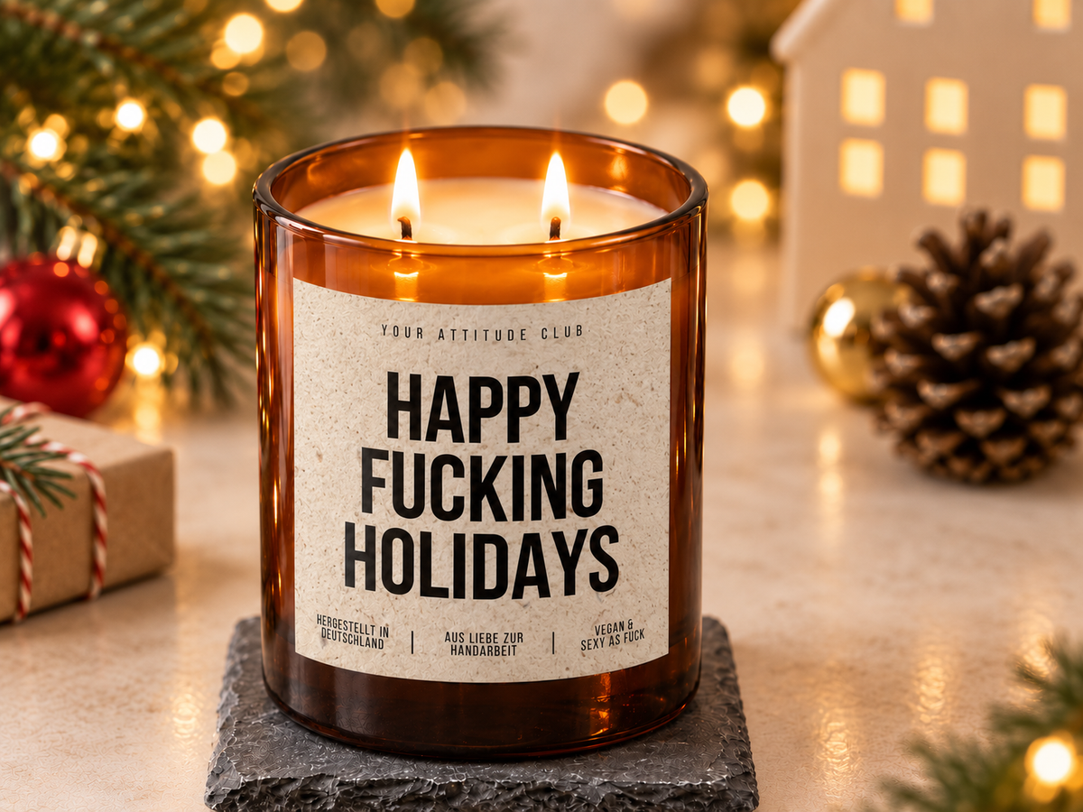 HAPPY FUCKING HOLIDAYS – Weihnachtskerze Naturgras Etikett | Lustiges Weihnachtsgeschenk | Geschenk für Freunde, Kolleg:innen & Wichteln