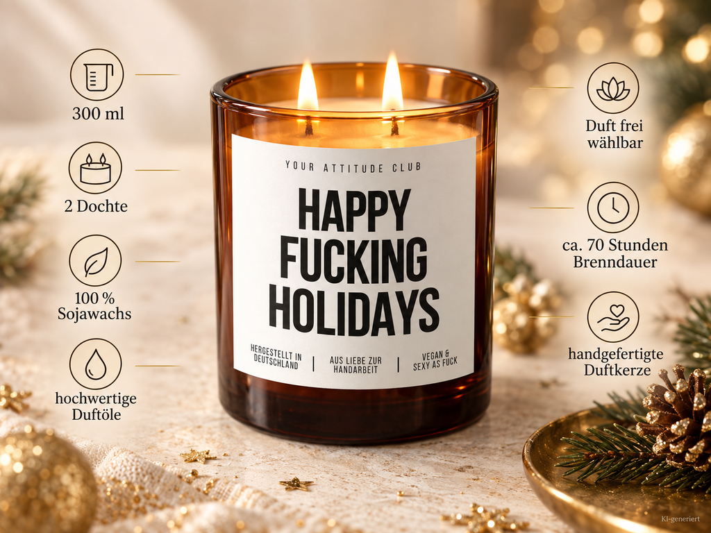 HAPPY FUCKING HOLIDAYS – Weihnachtskerze Naturgras Etikett | Lustiges Weihnachtsgeschenk | Geschenk für Freunde, Kolleg:innen & Wichteln