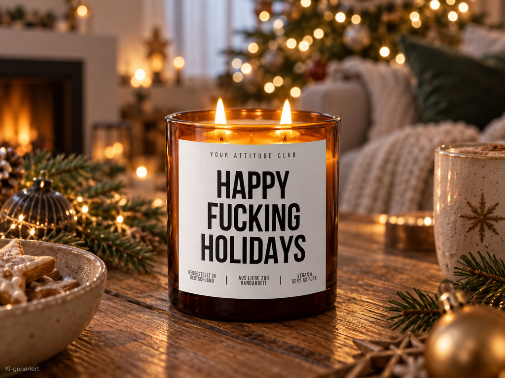 HAPPY FUCKING HOLIDAYS – Weihnachtskerze Naturgras Etikett | Lustiges Weihnachtsgeschenk | Geschenk für Freunde, Kolleg:innen & Wichteln