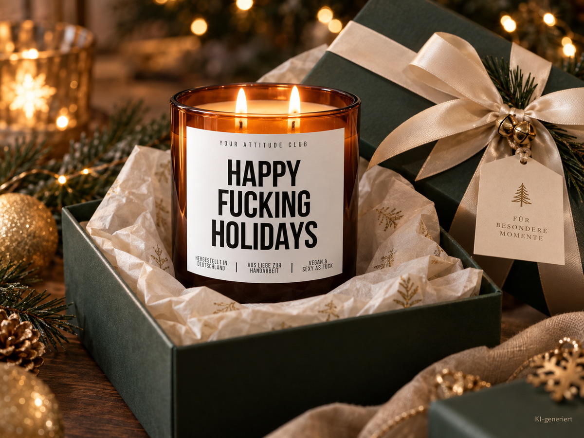 HAPPY FUCKING HOLIDAYS – Weihnachtskerze Naturgras Etikett | Lustiges Weihnachtsgeschenk | Geschenk für Freunde, Kolleg:innen & Wichteln