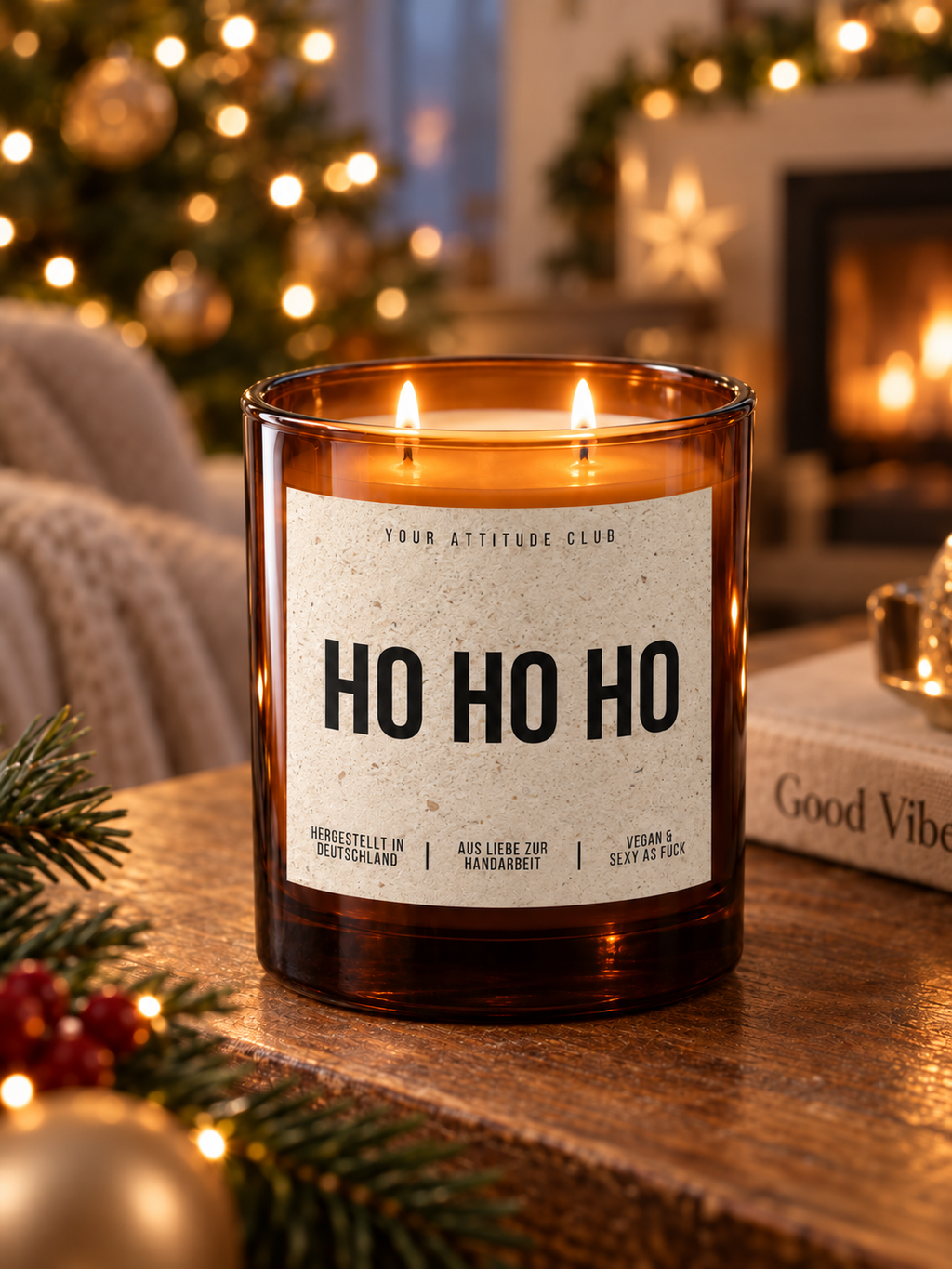 HO HO HO – Weihnachtskerze Naturgras Etikett | Weihnachtsgeschenk | Geschenk für Familie, Freunde & Kolleg:innen | Geschenkidee Weihnachten